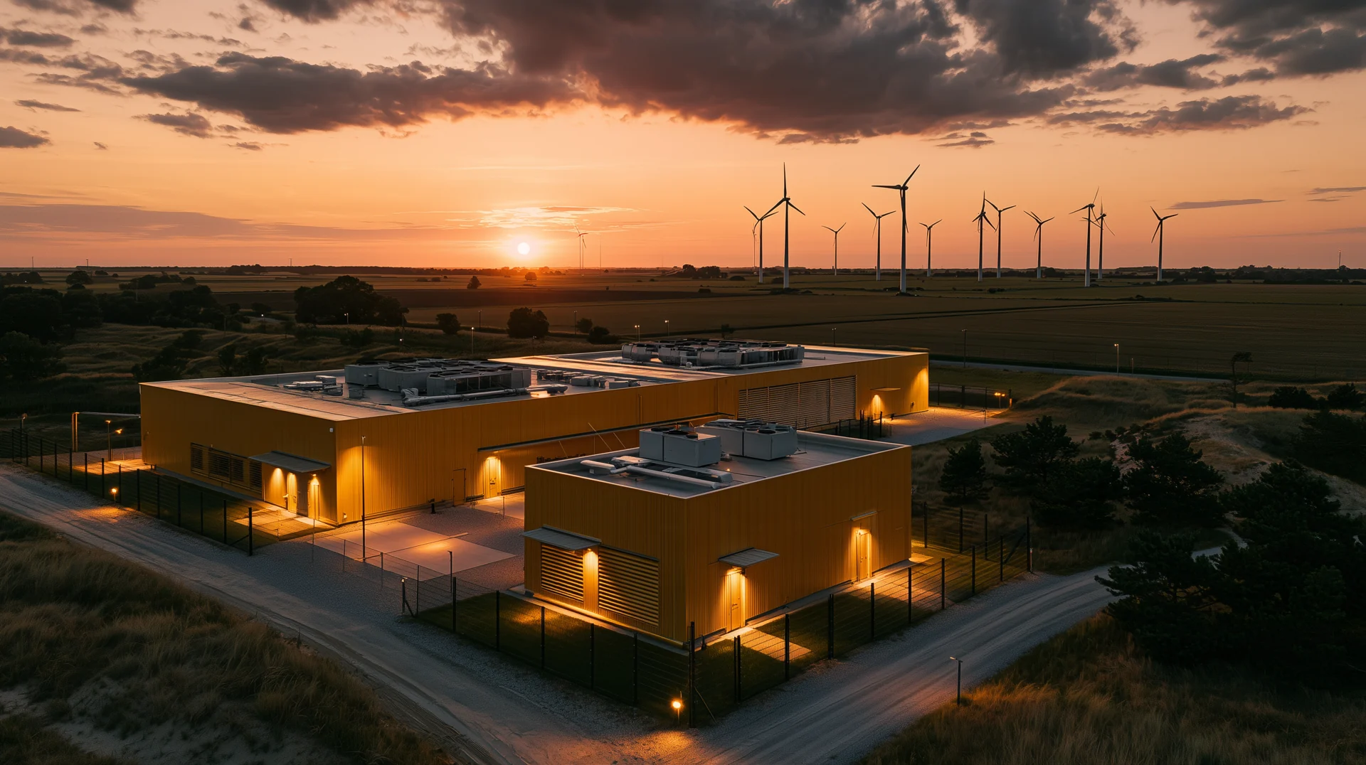 Baltic wind hub concept with data centre buildings and wind turbines at sunset